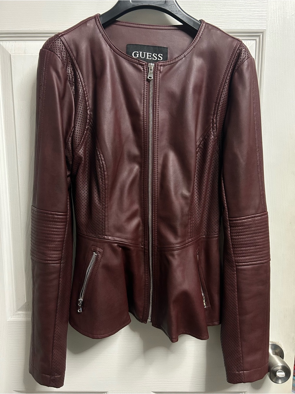 GUESS Women's Wine Peplum Leather Jacket